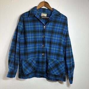 Vintage Pendleton 49er Coat Womens M/L Virgin‎ Wool Blue Plaid Sweater Jacket